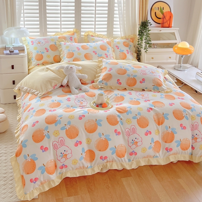 91家纺网 家纺一手货源 找家纺 上尚居 2024新款小清新韩版花边磨毛四件套水洗棉 甜橙兔