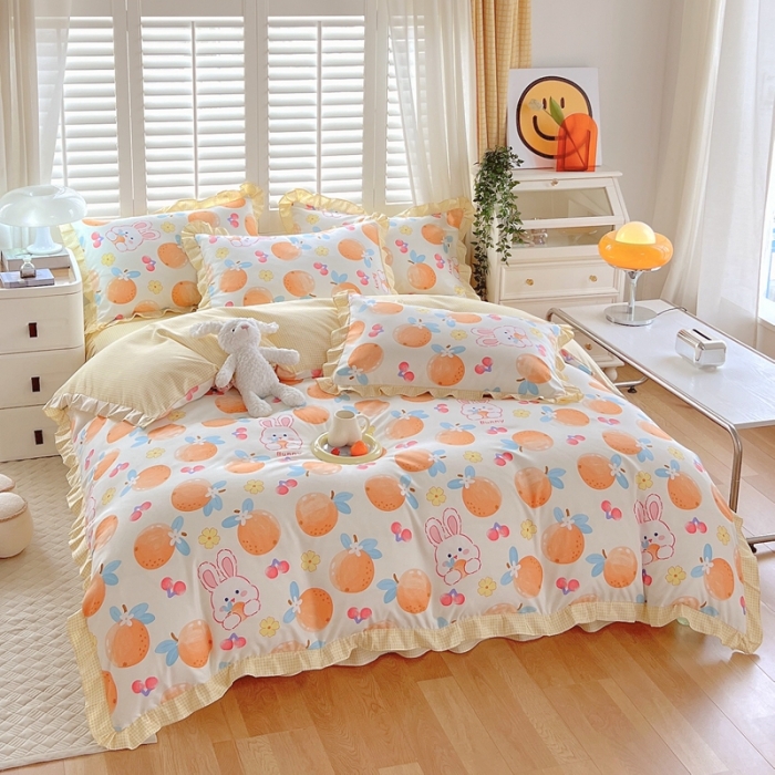 91家纺网 家纺一手货源 找家纺 上尚居 2024新款小清新韩版花边磨毛四件套水洗棉 甜橙兔