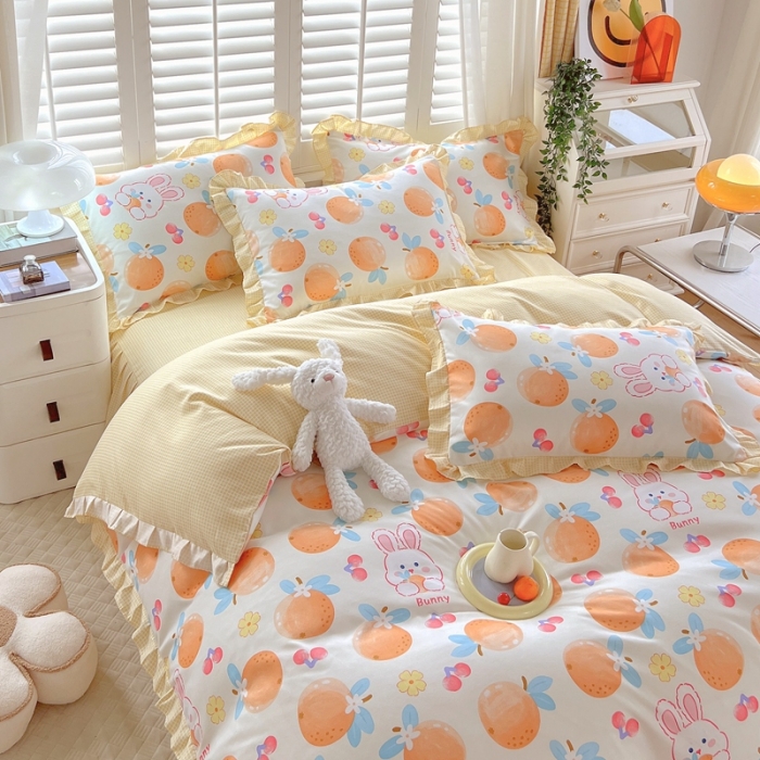 91家纺网 家纺一手货源 找家纺 上尚居 2024新款小清新韩版花边磨毛四件套水洗棉 甜橙兔