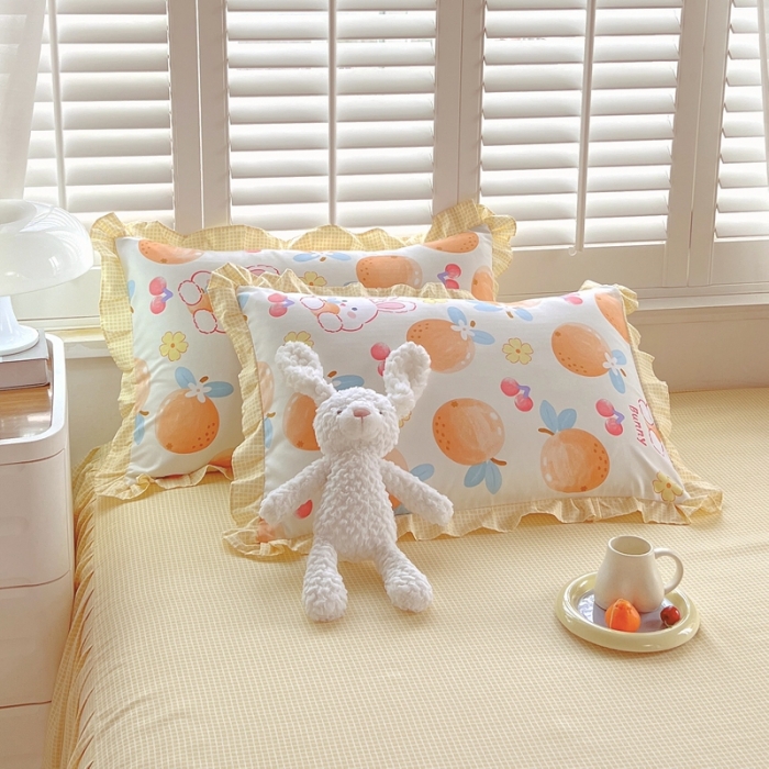 91家纺网 家纺一手货源 找家纺 上尚居 2024新款小清新韩版花边磨毛四件套水洗棉 甜橙兔