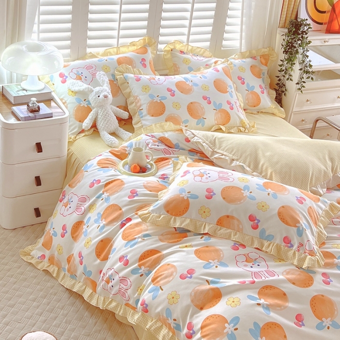 91家纺网 家纺一手货源 找家纺 上尚居 2024新款小清新韩版花边磨毛四件套水洗棉 甜橙兔