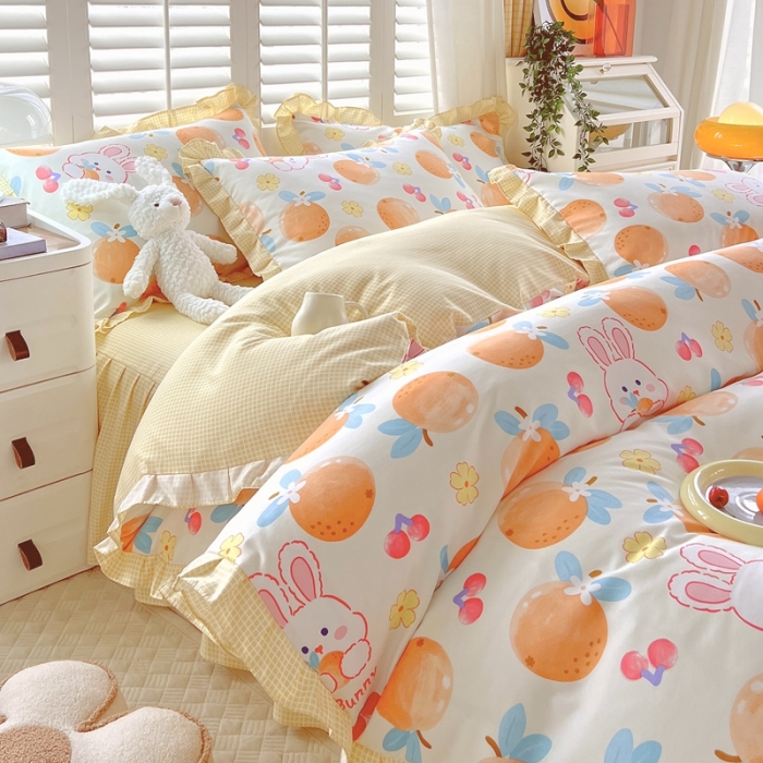 91家纺网 家纺一手货源 找家纺 上尚居 2024新款小清新韩版花边磨毛四件套水洗棉 甜橙兔