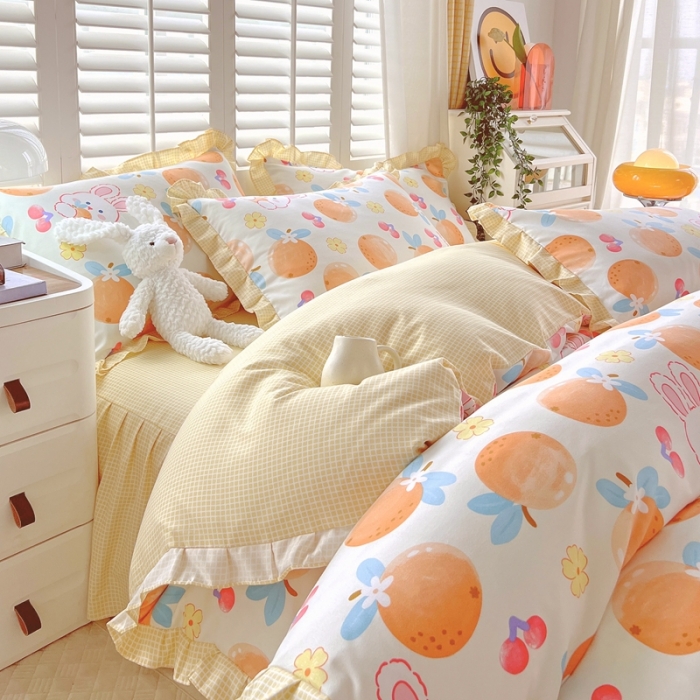 91家纺网 家纺一手货源 找家纺 上尚居 2024新款小清新韩版花边磨毛四件套水洗棉 甜橙兔