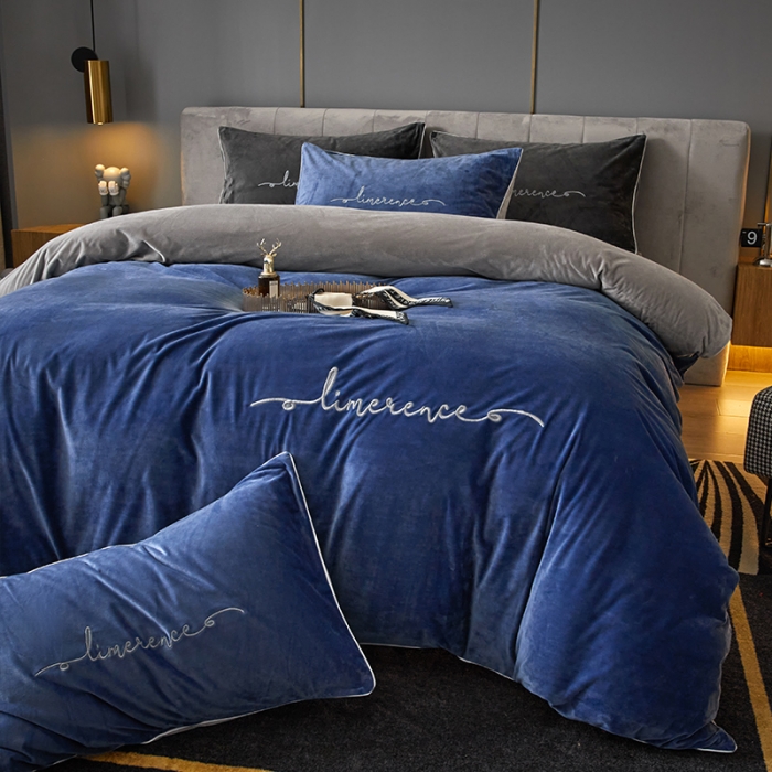 91家纺网 家纺一手货源 找家纺 瑞驰家纺 2023新款A类婴儿绒加厚保暖四件套 宾利兰+摩登灰