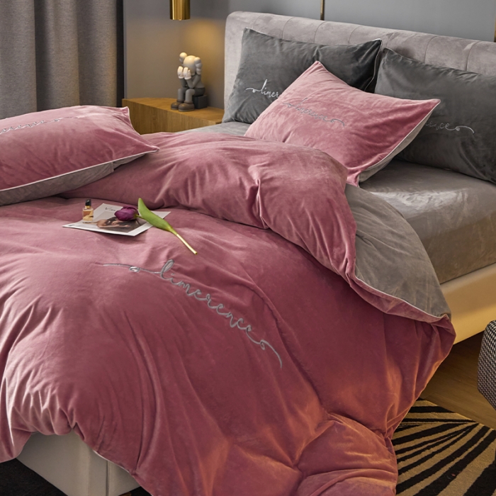 91家纺网 家纺一手货源 找家纺 瑞驰家纺 2023新款A类婴儿绒加厚保暖四件套 豆沙红+摩登灰