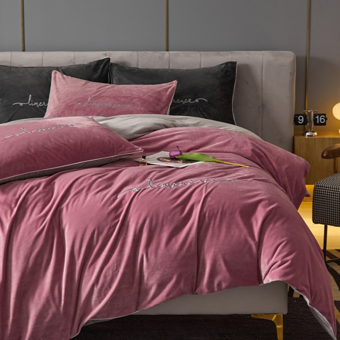 91家纺网 家纺一手货源 找家纺 瑞驰家纺 2023新款A类婴儿绒加厚保暖四件套 豆沙红+摩登灰