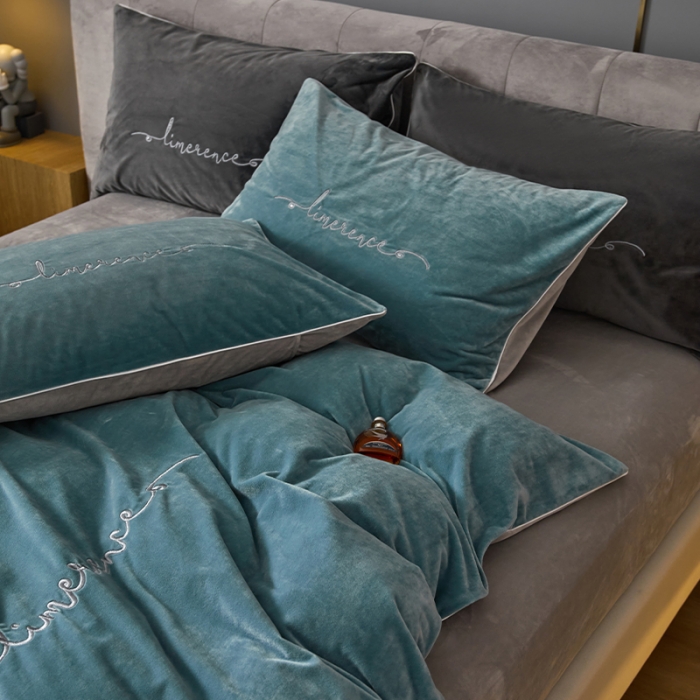 91家纺网 家纺一手货源 找家纺 瑞驰家纺 2023新款A类婴儿绒加厚保暖四件套 叶脉绿+摩登灰