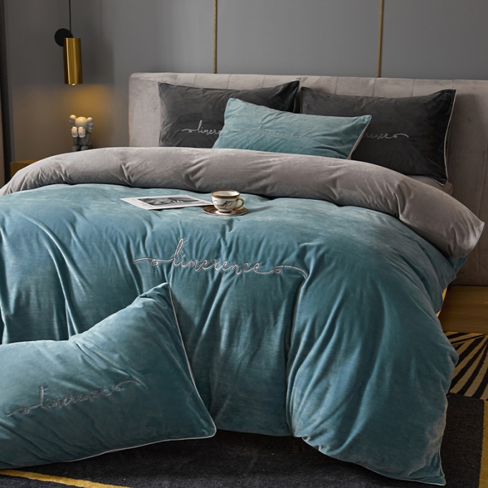 91家纺网 家纺一手货源 找家纺 瑞驰家纺 2023新款A类婴儿绒加厚保暖四件套 叶脉绿+摩登灰