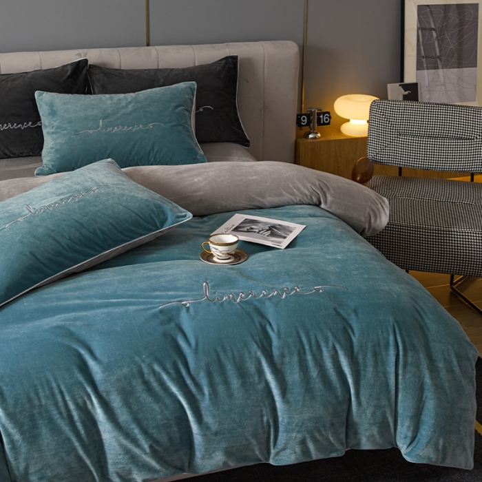 91家纺网 家纺一手货源 找家纺 瑞驰家纺 2023新款A类婴儿绒加厚保暖四件套 叶脉绿+摩登灰