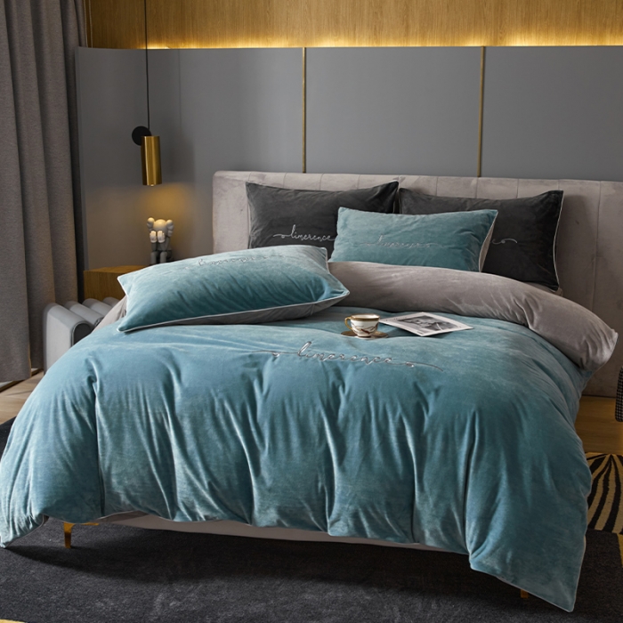 91家纺网 家纺一手货源 找家纺 瑞驰家纺 2023新款A类婴儿绒加厚保暖四件套 叶脉绿+摩登灰