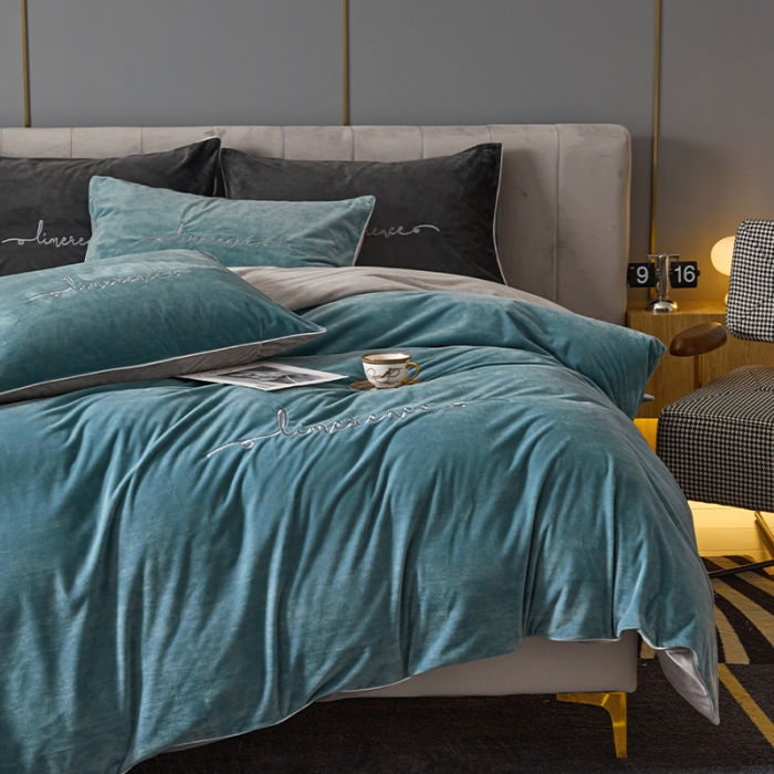 91家纺网 家纺一手货源 找家纺 瑞驰家纺 2023新款A类婴儿绒加厚保暖四件套 叶脉绿+摩登灰