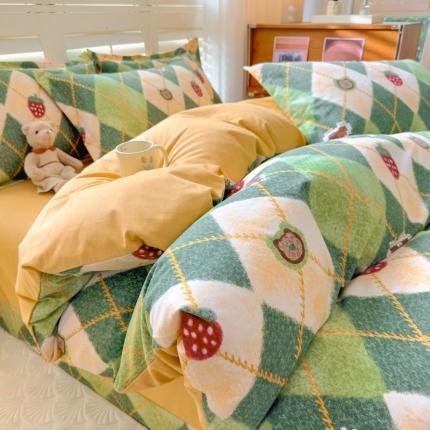 91家纺网 家纺一手货源 找家纺 百寐 2023新款全棉磨毛印花四件套清新可爱碎花加厚四件套 草莓熊