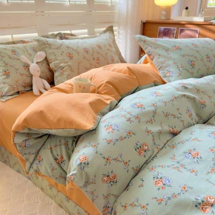 91家纺网 家纺一手货源 找家纺 百寐 2023新款全棉磨毛印花四件套清新可爱碎花加厚四件套 锦绣绿