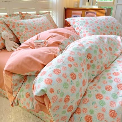 91家纺网 家纺一手货源 找家纺 百寐 2023新款全棉磨毛印花四件套清新可爱碎花加厚四件套 玫瑰露