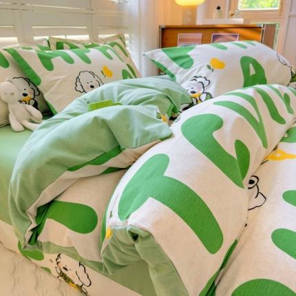 91家纺网 家纺一手货源 找家纺 百寐 2023新款全棉磨毛印花四件套清新可爱碎花加厚四件套 萌萌狗