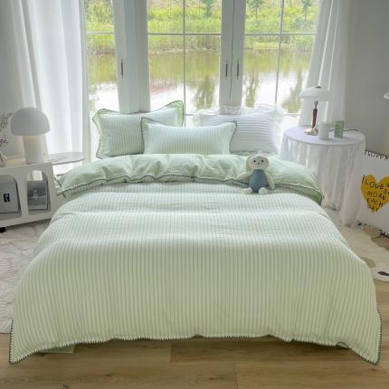 91家纺网 家纺一手货源 找家纺 栩裕纺织 2025新款全棉水洗棉提花四件套经典斜纹款 经典条纹-绿