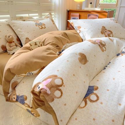 91家纺网 家纺一手货源 找家纺 百寐 2023新款全棉磨毛印花四件套清新可爱碎花加厚四件套 奇想熊