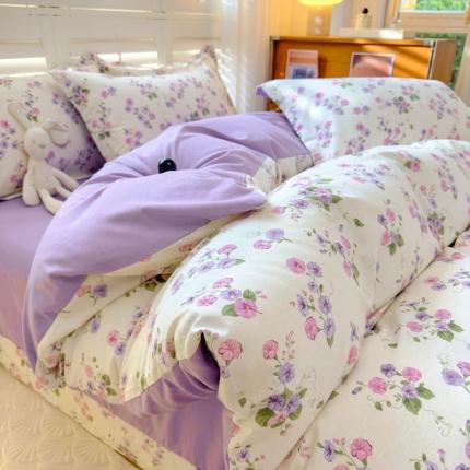 91家纺网 家纺一手货源 找家纺 百寐 2023新款全棉磨毛印花四件套清新可爱碎花加厚四件套 牵牛花