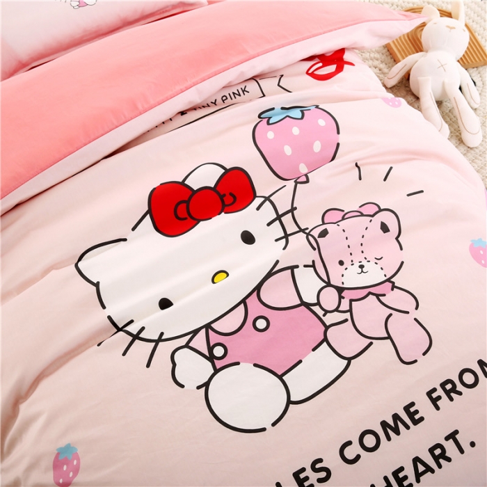 91家纺网 家纺一手货源 找家纺 孩子王 2023新款三丽鸥正版授权KT猫全棉学生大版卡通幼儿园多件套 KT派对