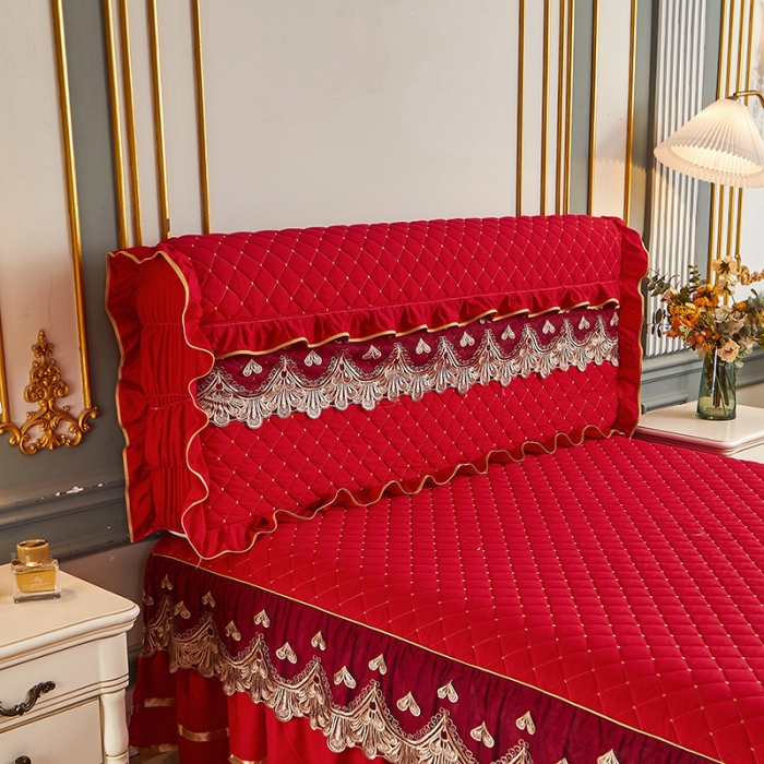 91家纺网 家纺一手货源 找家纺 屹成 2024新款水洗棉蕾丝四季款床笠床裙单品套件-床头罩 大红