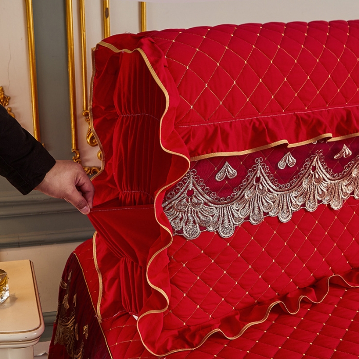 91家纺网 家纺一手货源 找家纺 屹成 2024新款水洗棉蕾丝四季款床笠床裙单品套件-床头罩 大红