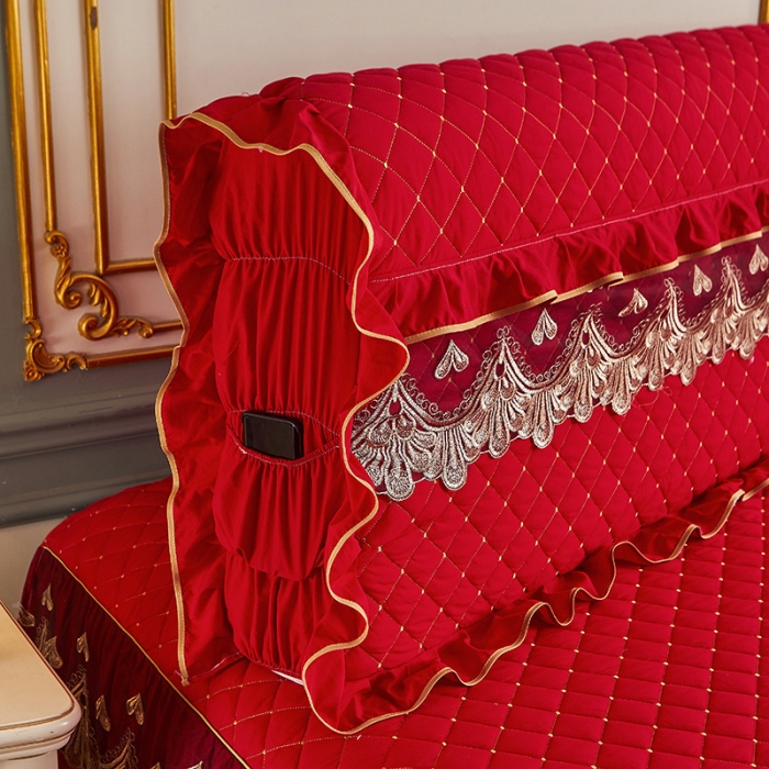 91家纺网 家纺一手货源 找家纺 屹成 2024新款水洗棉蕾丝四季款床笠床裙单品套件-床头罩 大红