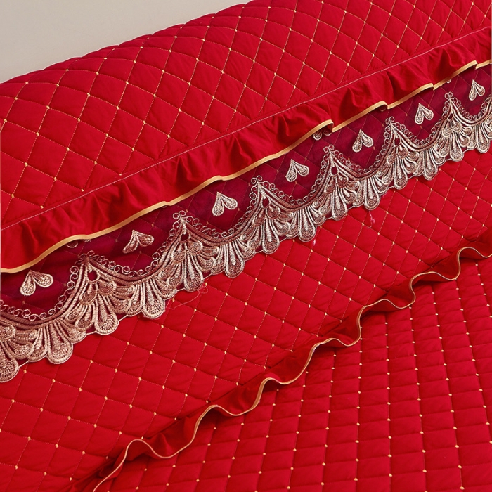 91家纺网 家纺一手货源 找家纺 屹成 2024新款水洗棉蕾丝四季款床笠床裙单品套件-床头罩 大红