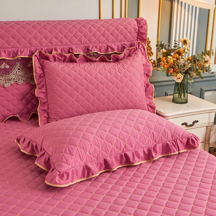 91家纺网 家纺一手货源 找家纺 屹成 2024新款水洗棉蕾丝四季款床笠床裙单品套件-床头罩 豆沙