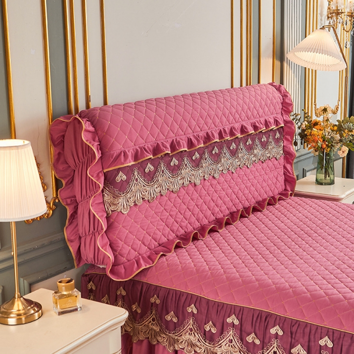 91家纺网 家纺一手货源 找家纺 屹成 2024新款水洗棉蕾丝四季款床笠床裙单品套件-床头罩 豆沙