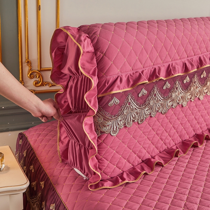 91家纺网 家纺一手货源 找家纺 屹成 2024新款水洗棉蕾丝四季款床笠床裙单品套件-床头罩 豆沙