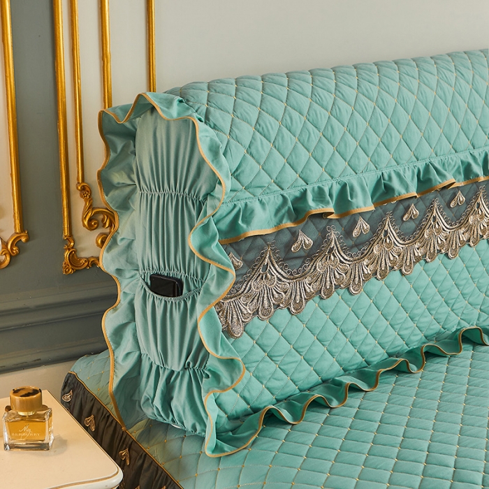 91家纺网 家纺一手货源 找家纺 屹成 2024新款水洗棉蕾丝四季款床笠床裙单品套件-床头罩 橄榄绿