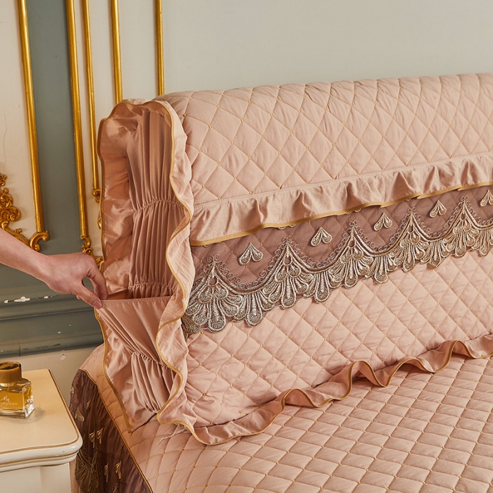 91家纺网 家纺一手货源 找家纺 屹成 2024新款水洗棉蕾丝四季款床笠床裙单品套件-床头罩 卡其