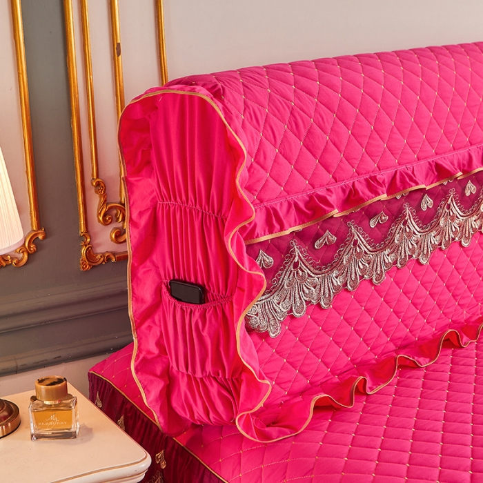 91家纺网 家纺一手货源 找家纺 屹成 2024新款水洗棉蕾丝四季款床笠床裙单品套件-床头罩 玫红