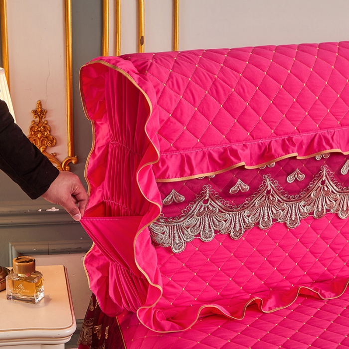 91家纺网 家纺一手货源 找家纺 屹成 2024新款水洗棉蕾丝四季款床笠床裙单品套件-床头罩 玫红