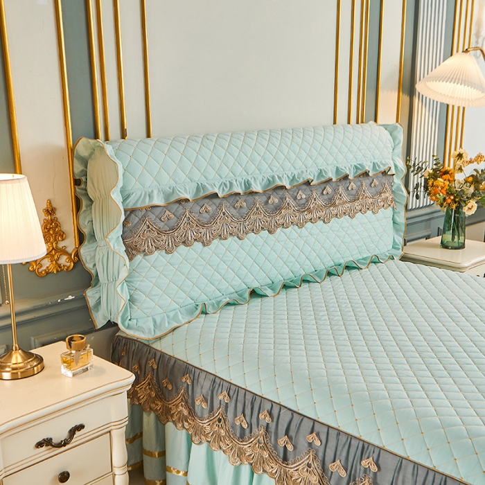 91家纺网 家纺一手货源 找家纺 屹成 2024新款水洗棉蕾丝四季款床笠床裙单品套件-床头罩 水绿