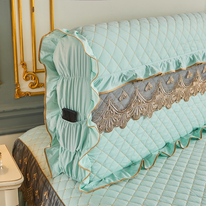 91家纺网 家纺一手货源 找家纺 屹成 2024新款水洗棉蕾丝四季款床笠床裙单品套件-床头罩 水绿