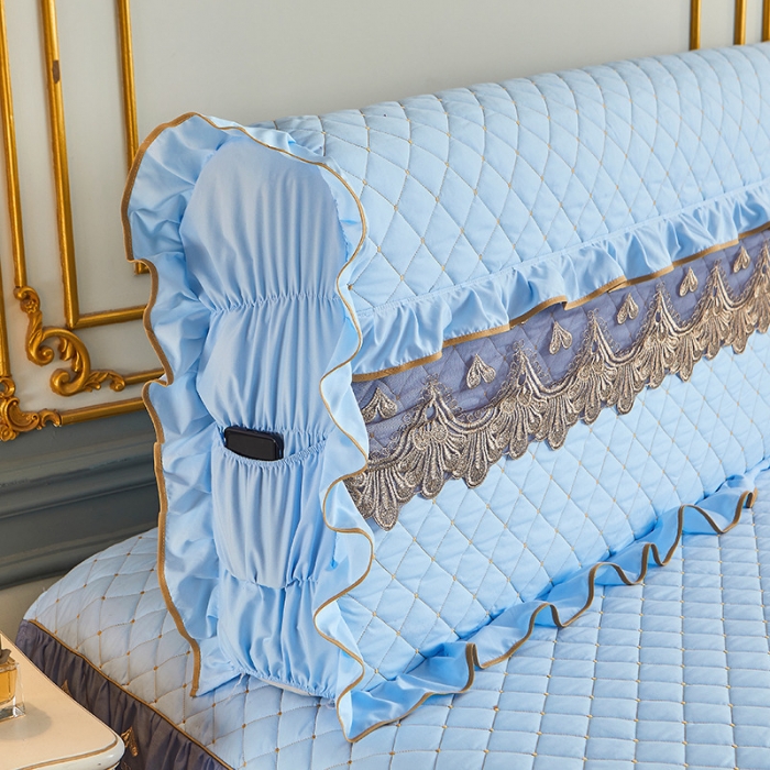 91家纺网 家纺一手货源 找家纺 屹成 2024新款水洗棉蕾丝四季款床笠床裙单品套件-床头罩 天蓝