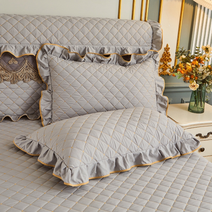 91家纺网 家纺一手货源 找家纺 屹成 2024新款水洗棉蕾丝四季款床笠床裙单品套件-床头罩 银灰