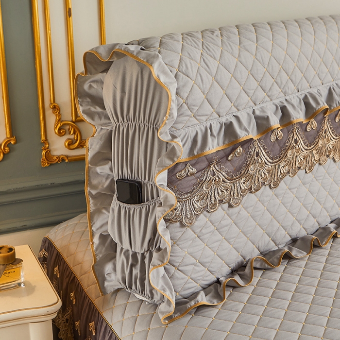 91家纺网 家纺一手货源 找家纺 屹成 2024新款水洗棉蕾丝四季款床笠床裙单品套件-床头罩 银灰