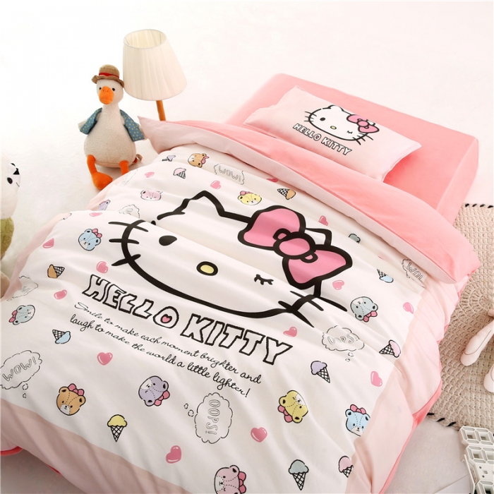 91家纺网 家纺一手货源 找家纺 孩子王 2023新款三丽鸥正版授权KT猫全棉学生大版卡通幼儿园多件套 幸福KT