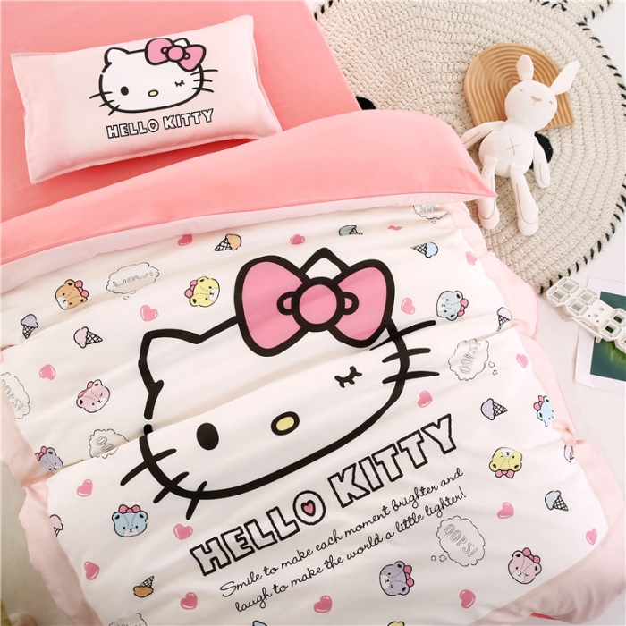 91家纺网 家纺一手货源 找家纺 孩子王 2023新款三丽鸥正版授权KT猫全棉学生大版卡通幼儿园多件套 幸福KT