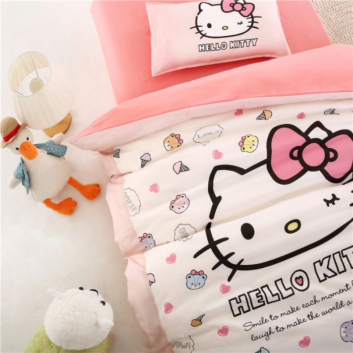 91家纺网 家纺一手货源 找家纺 孩子王 2023新款三丽鸥正版授权KT猫全棉学生大版卡通幼儿园多件套 幸福KT