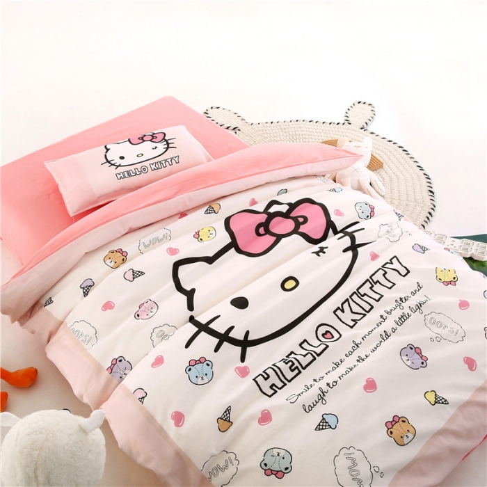 91家纺网 家纺一手货源 找家纺 孩子王 2023新款三丽鸥正版授权KT猫全棉学生大版卡通幼儿园多件套 幸福KT