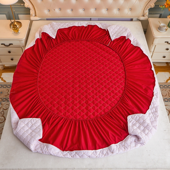 91家纺网 家纺一手货源 找家纺 屹成 2024新款水洗棉蕾丝四季款床笠床裙单品套件-床笠三件套 大红