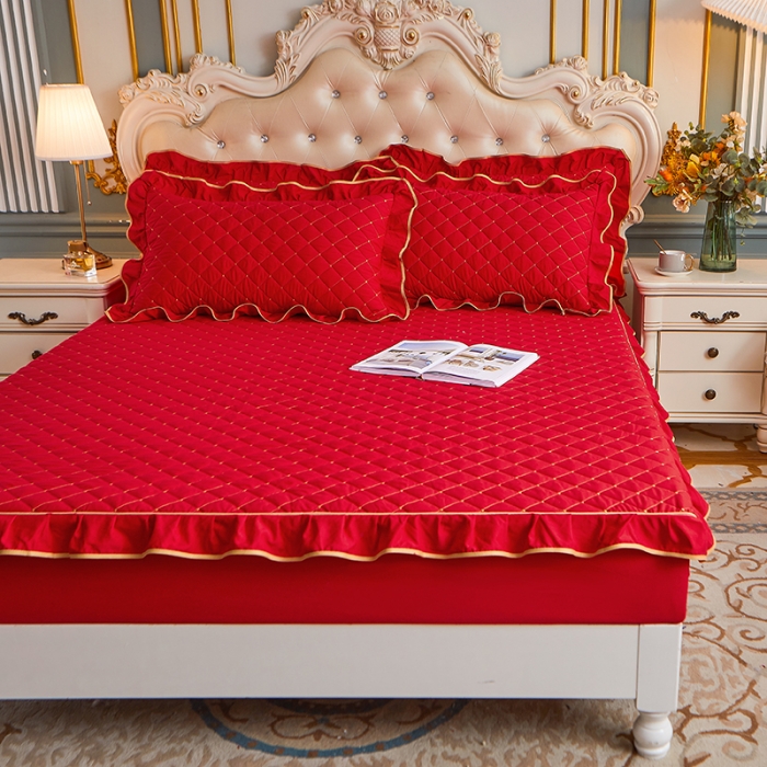 91家纺网 家纺一手货源 找家纺 屹成 2024新款水洗棉蕾丝四季款床笠床裙单品套件-床笠三件套 大红