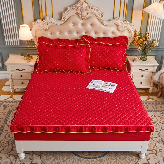 91家纺网 家纺一手货源 找家纺 屹成 2024新款水洗棉蕾丝四季款床笠床裙单品套件-床笠三件套 大红