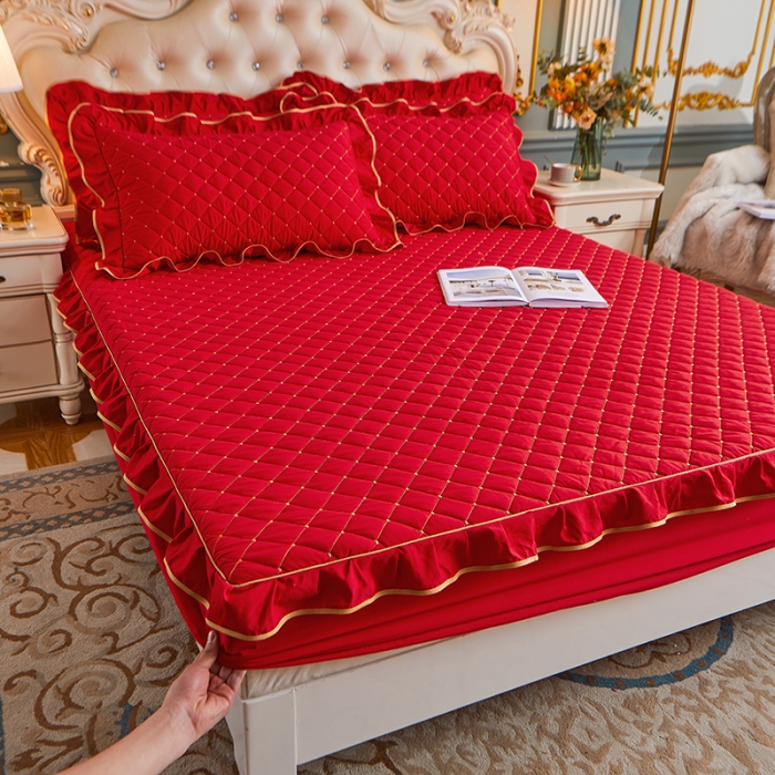 91家纺网 家纺一手货源 找家纺 屹成 2024新款水洗棉蕾丝四季款床笠床裙单品套件-床笠三件套 大红