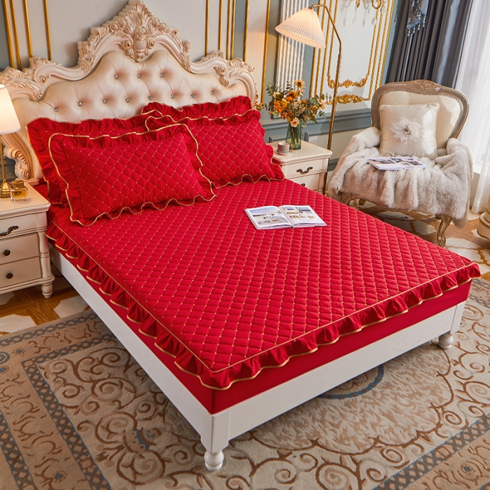 91家纺网 家纺一手货源 找家纺 屹成 2024新款水洗棉蕾丝四季款床笠床裙单品套件-床笠三件套 大红