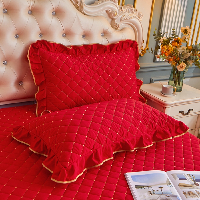 91家纺网 家纺一手货源 找家纺 屹成 2024新款水洗棉蕾丝四季款床笠床裙单品套件-床笠三件套 大红