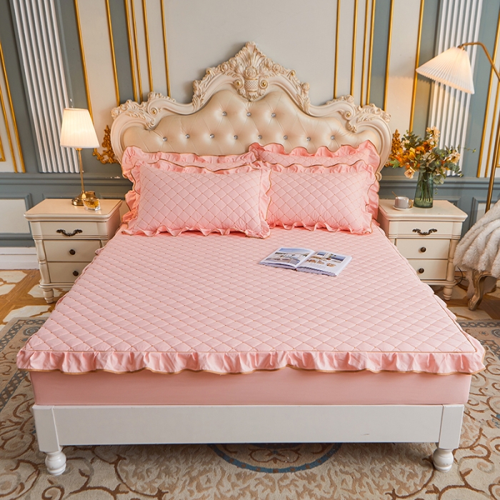 91家纺网 家纺一手货源 找家纺 屹成 2024新款水洗棉蕾丝四季款床笠床裙单品套件-床笠三件套 粉玉